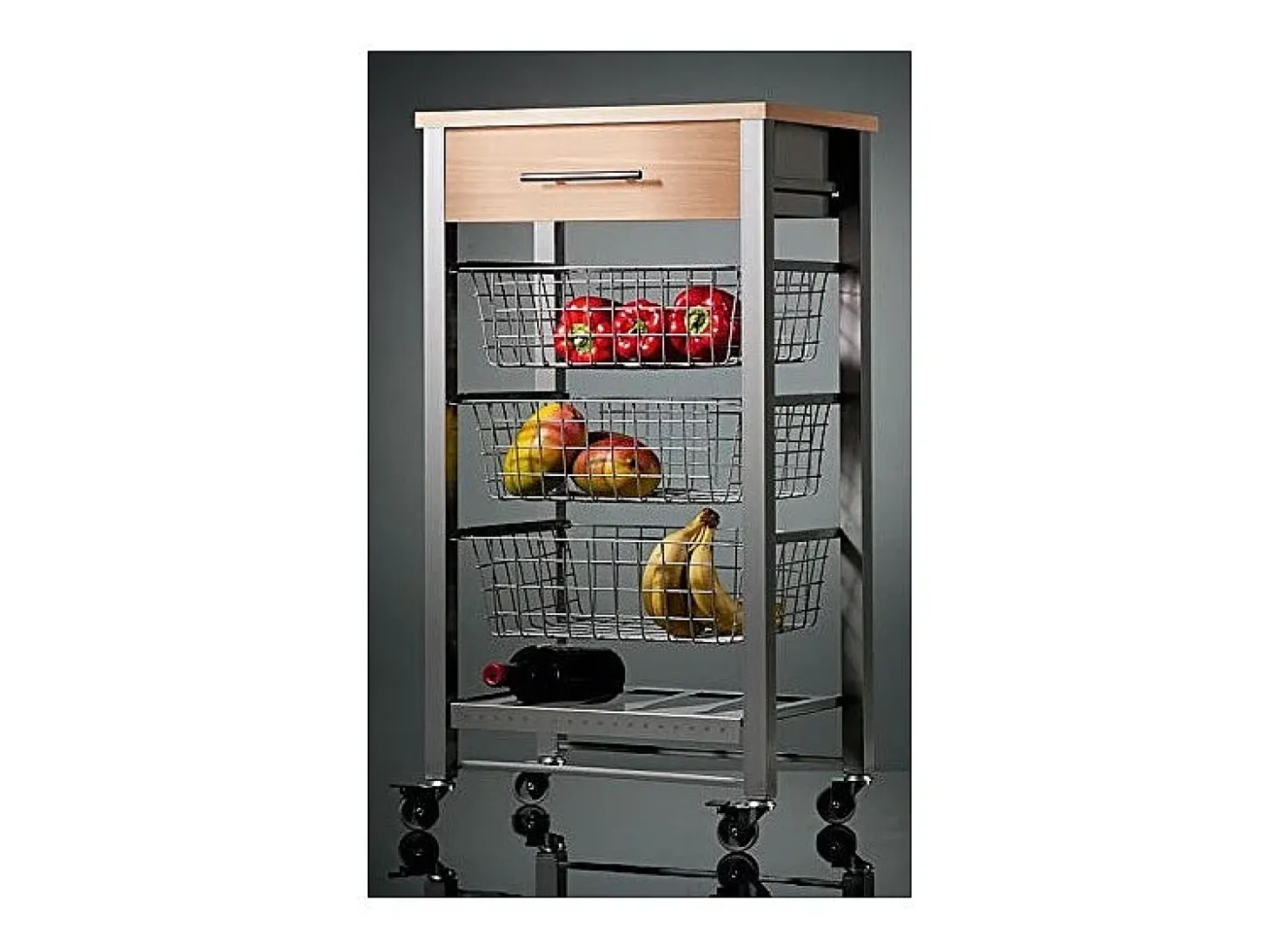Carrito de cocina Diana con 3 cestas extraíbles, cajón y botellero – mueble auxiliar con ruedas en color inox y haya