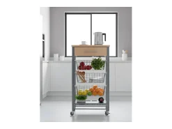 Carrito de cocina Diana con 3 cestas extraíbles, cajón y botellero – mueble auxiliar con ruedas en color inox y haya