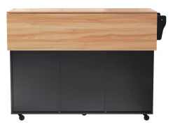 Carrito de cocina grande, tapa abatible, 2 cajones, ruedas, negro y natural (L129 x P46 x H91,5 cm)