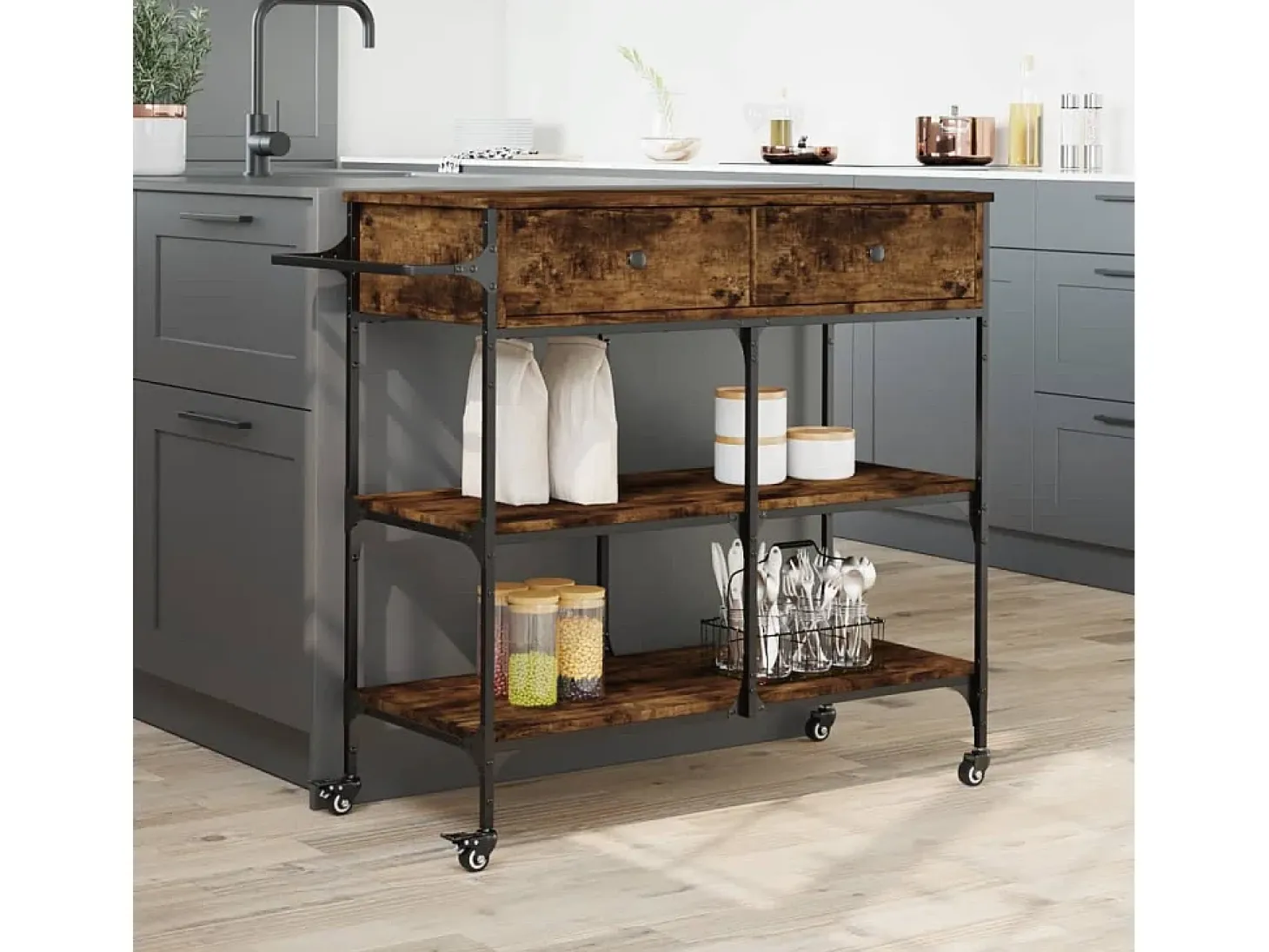 Carrito de cocina madera ingeniería roble ahumado 105x42x95 cm