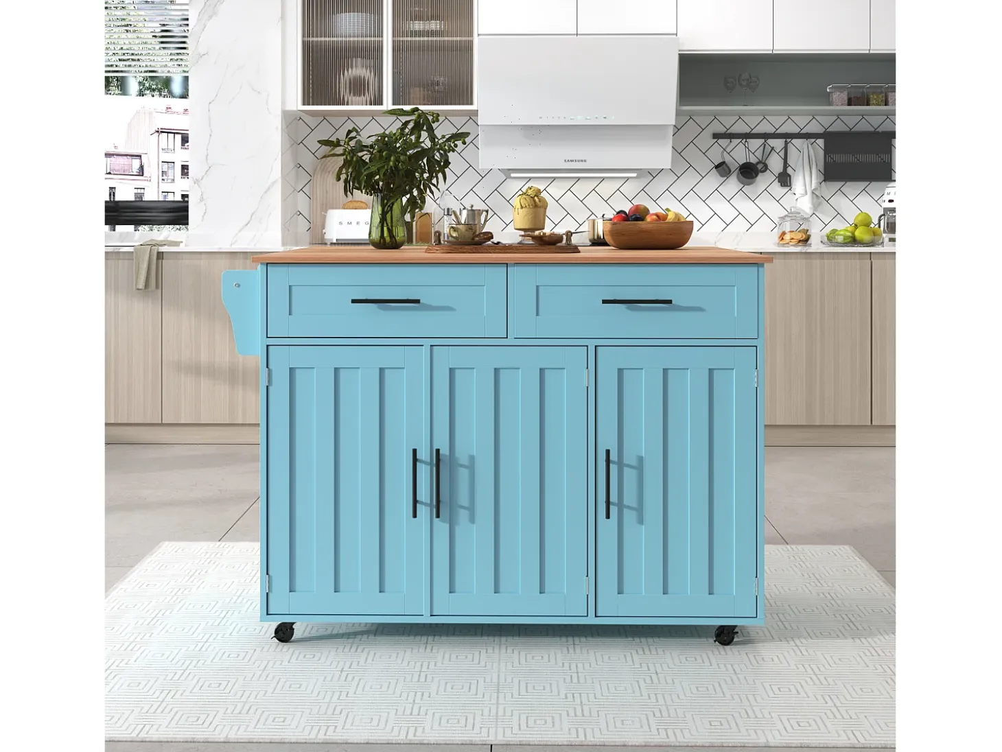 Carrito de cocina, madera maciza y encimera de mármol, diseño europeo, puerta, 3 cajones, ruedas, patas de madera extraíbles (129x46(71)x91,5 cm)
