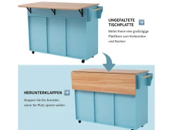 Carrito de cocina, madera maciza y encimera de mármol, diseño europeo, puerta, 3 cajones, ruedas, patas de madera extraíbles (129x46(71)x91,5 cm)