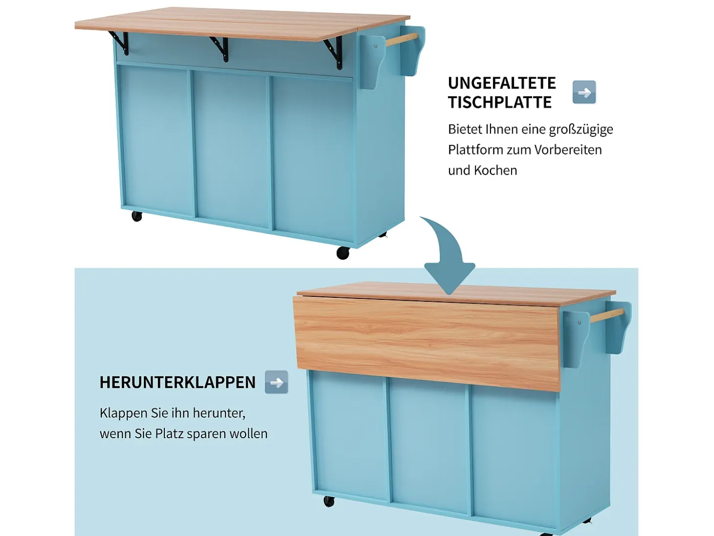 Carrito de cocina, madera maciza y encimera de mármol, diseño europeo, puerta, 3 cajones, ruedas, patas de madera extraíbles (129x46(71)x91,5 cm)