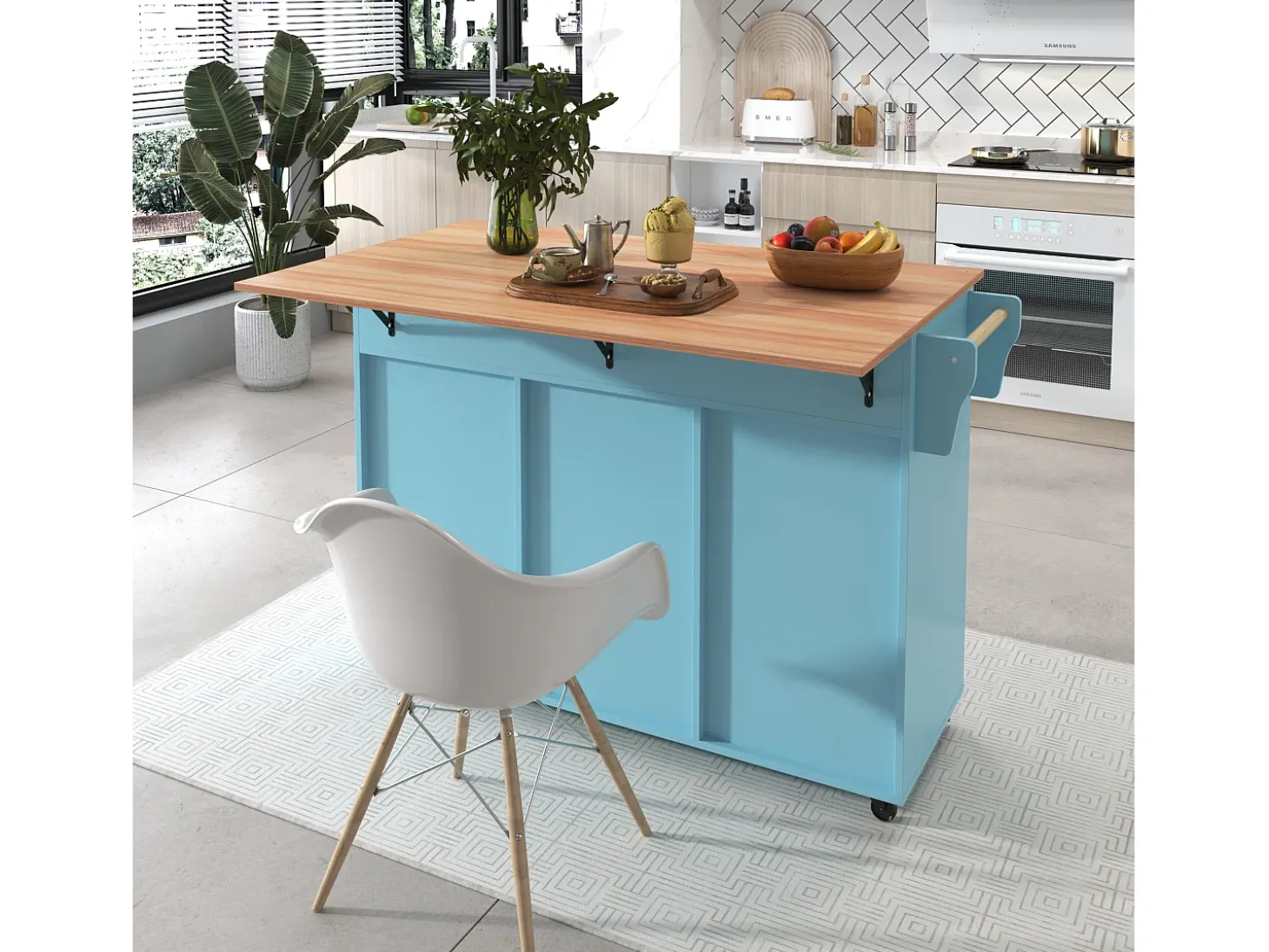 Carrito de cocina, madera maciza y encimera de mármol, diseño europeo, puerta, 3 cajones, ruedas, patas de madera extraíbles (129x46(71)x91,5 cm)