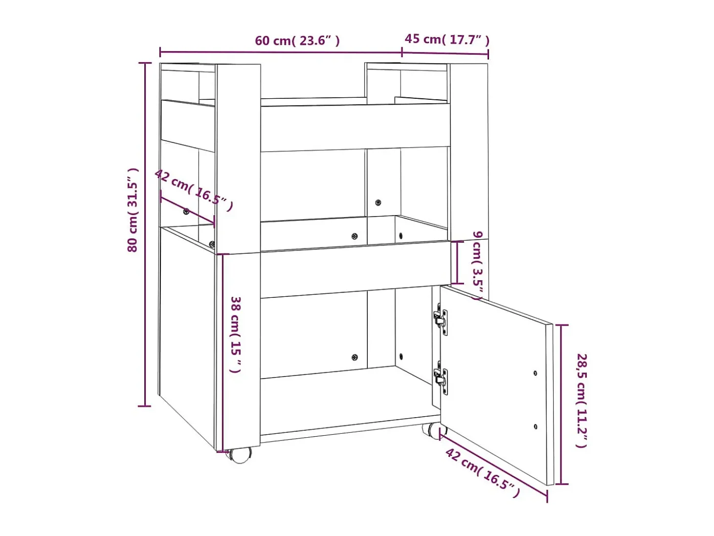 Carrito de cocina madera contrachapada gris Sonoma 60x45x80 cm