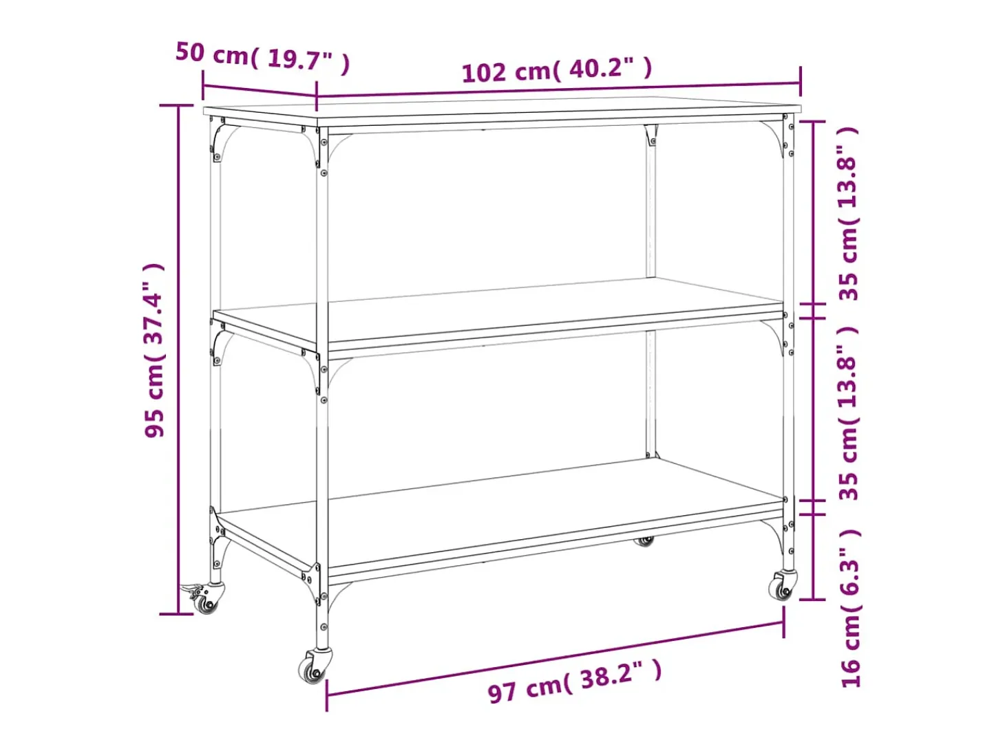 Carrito de cocina madera ingeniería marrón roble 102x50x95 cm