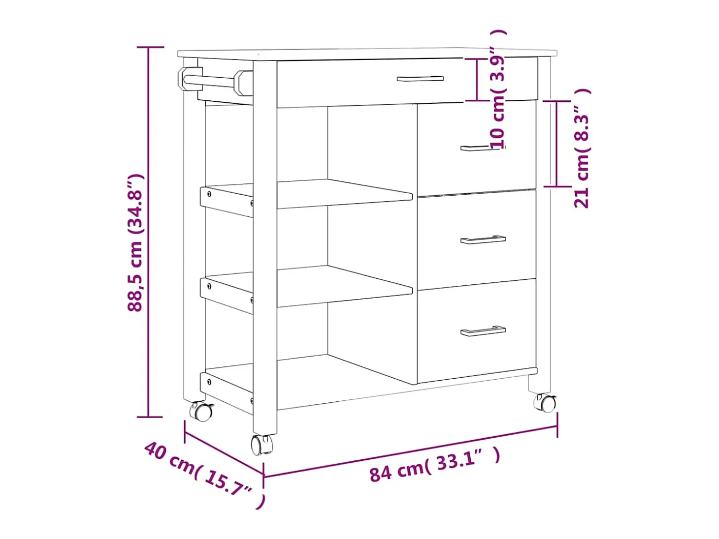 Carrito de cocina MONZA madera maciza de pino 84x40x88,5 cm
