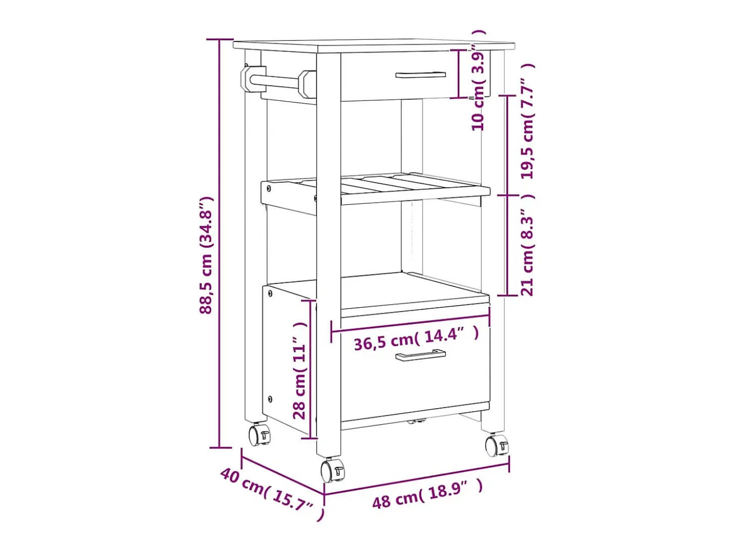 Carrito de cocina MONZA madera maciza de pino 48x40x88,5 cm