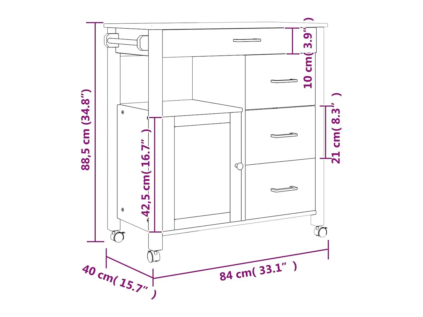 Carrito de cocina MONZA madera maciza de pino 84x40x88,5 cm