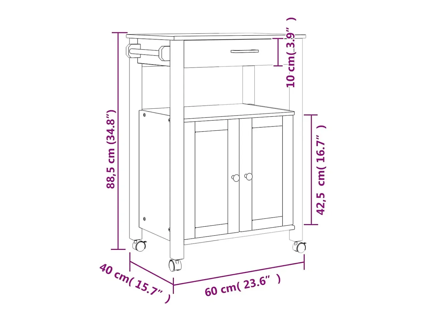 Carrito de cocina MONZA madera maciza de pino 60x40x88,5 cm