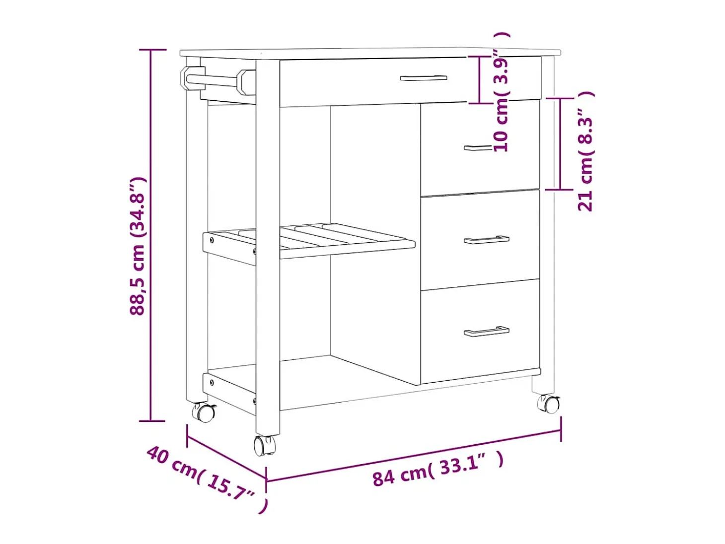 Carrito de cocina MONZA madera maciza de pino 84x40x88,5 cm