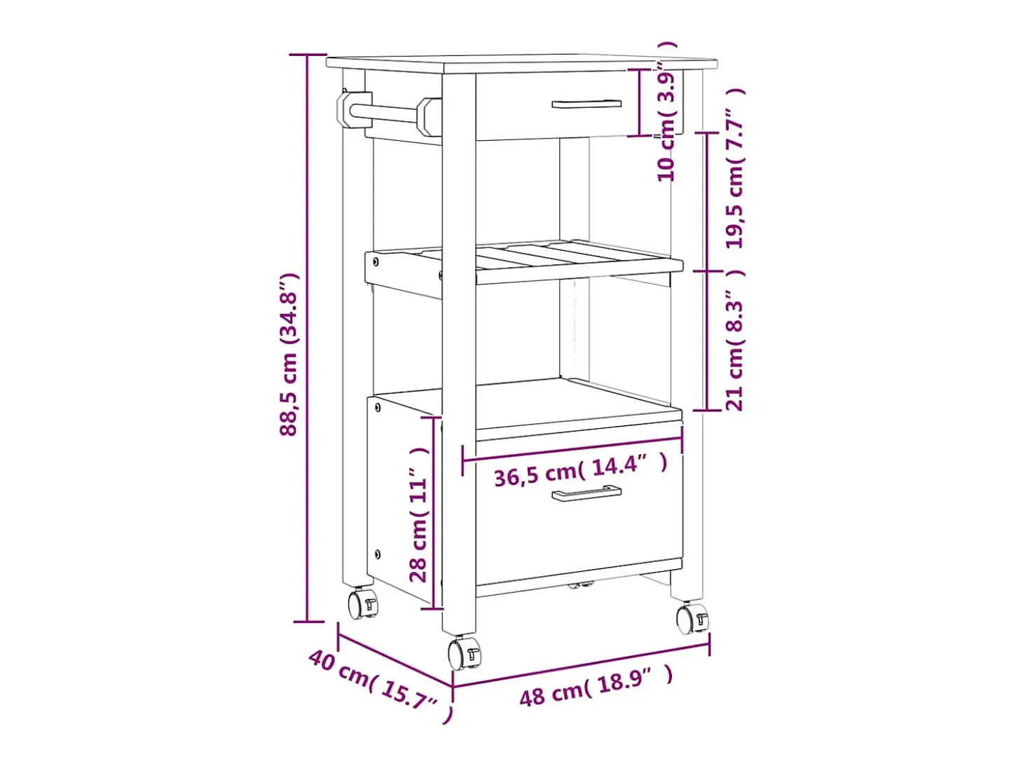 Carrito de cocina MONZA madera maciza de pino 48x40x88,5 cm