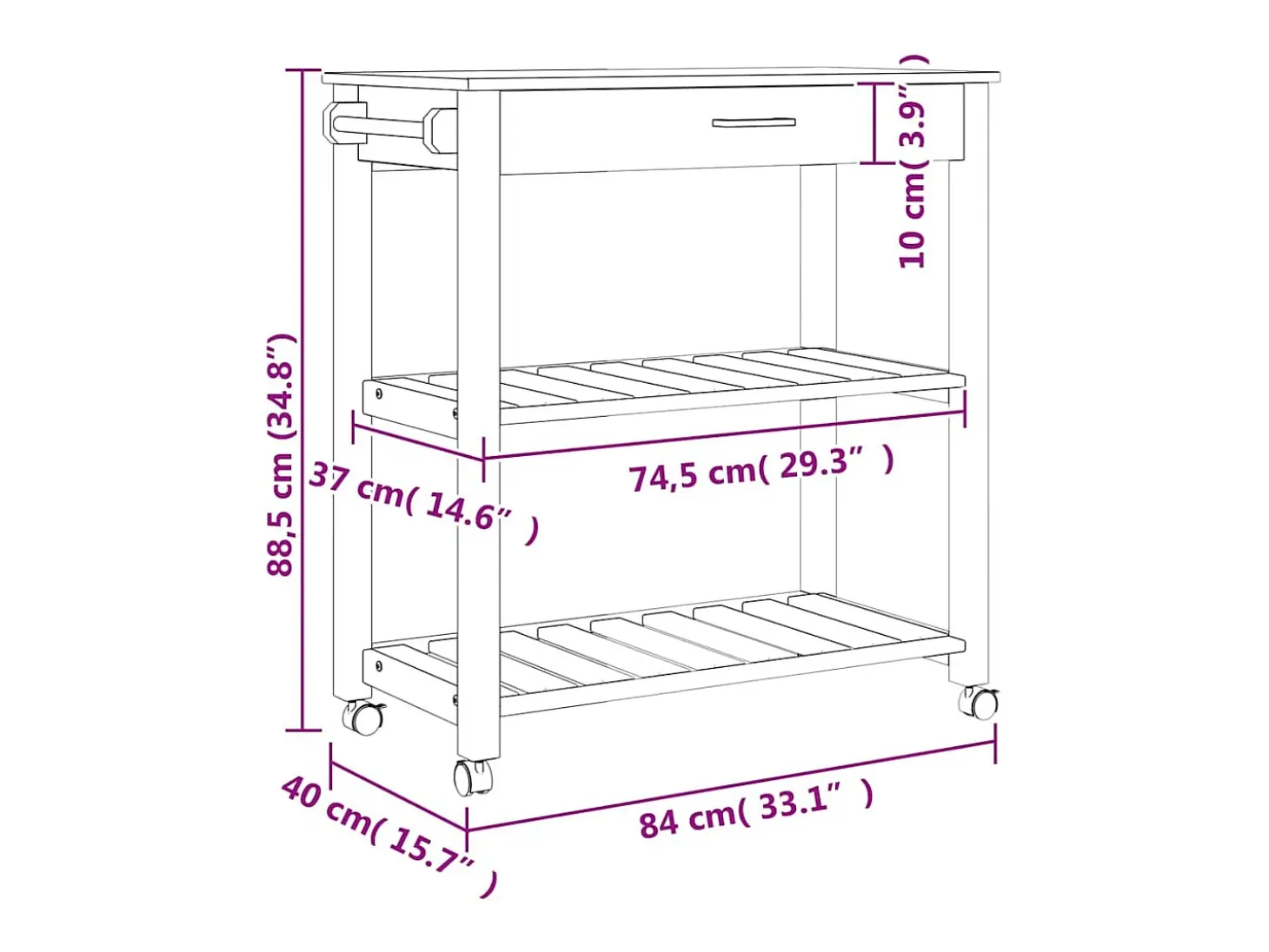 Carrito de cocina MONZA madera maciza de pino 84x40x88,5 cm