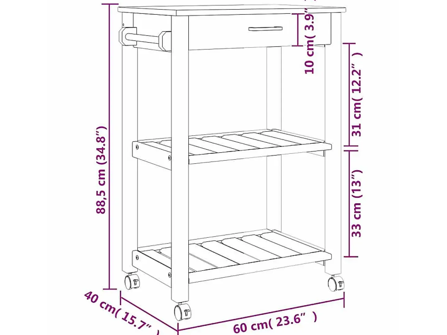 Carrito de cocina MONZA madera maciza de pino 60x40x88,5 cm