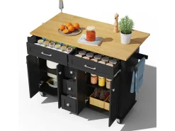 Carrito de cocina multifunción, encimera abatible, 5 cajones, estantes, especiero, MDF, negro y natural (140x65x89 cm)