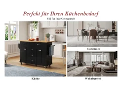 Carrito de cocina multifunción, encimera abatible, 5 cajones, estantes, especiero, MDF, negro y natural (140x65x89 cm)