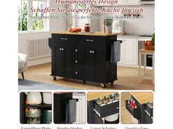 Carrito de cocina multifunción, encimera abatible, 5 cajones, estantes, especiero, MDF, negro y natural (140x65x89 cm)