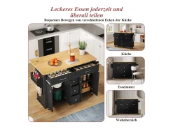 Carrito de cocina multifunción, encimera abatible, 5 cajones, estantes, especiero, MDF, negro y natural (140x65x89 cm)