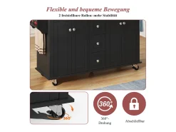 Carrito de cocina multifunción, encimera abatible, 5 cajones, estantes, especiero, MDF, negro y natural (140x65x89 cm)