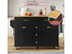 Carrito de cocina multifunción, encimera abatible, 5 cajones, estantes, especiero, MDF, negro y natural (140x65x89 cm)