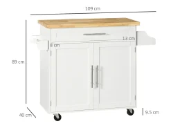 Carrito de cocina móvil con encimera, estante regulable, MDF blanco (109x40x89cm)