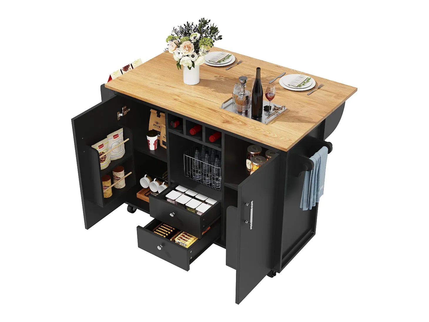 Carrito de cocina móvil con encimera plegable, espacio de almacenamiento y botellero - negro
