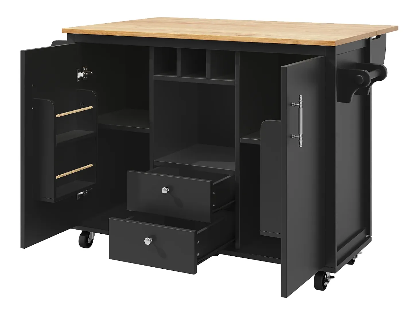 Carrito de cocina móvil con encimera plegable, espacio de almacenamiento y botellero - negro