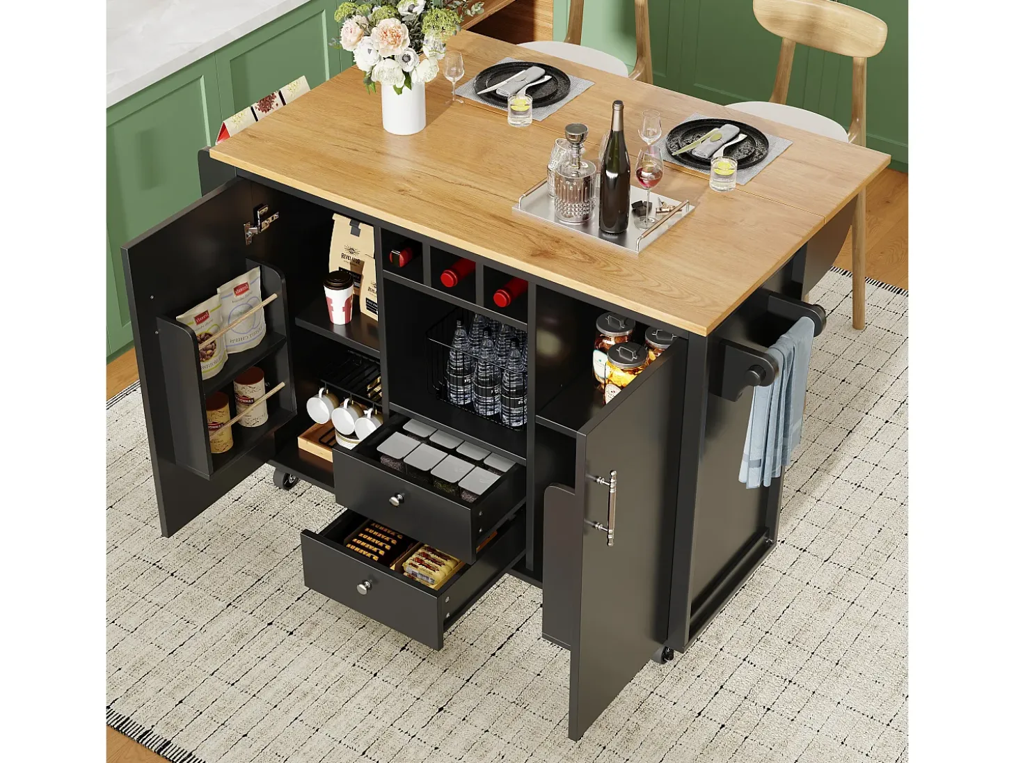 Carrito de cocina móvil con encimera plegable, espacio de almacenamiento y botellero - negro