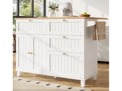 Carrito de cocina móvil con tapa extensible chapada en imitación madera, 3 cajones y 3 puertas incluidas, blanco - 133x70x88cm