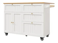 Carrito de cocina móvil con tapa extensible chapada en imitación madera, 3 cajones y 3 puertas incluidas, blanco - 133x70x88cm