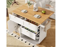 Carrito de cocina móvil con tapa extensible chapada en imitación madera, 3 cajones y 3 puertas incluidas, blanco - 133x70x88cm