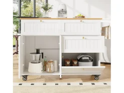 Carrito de cocina móvil con tapa extensible chapada en imitación madera, 3 cajones y 3 puertas incluidas, blanco - 133x70x88cm
