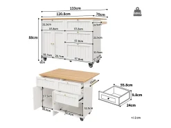 Carrito de cocina móvil con tapa extensible chapada en imitación madera, 3 cajones y 3 puertas incluidas, blanco - 133x70x88cm