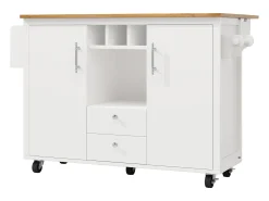 Carrito de cocina móvil con encimera plegable, espacio de almacenamiento y botellero - blanco