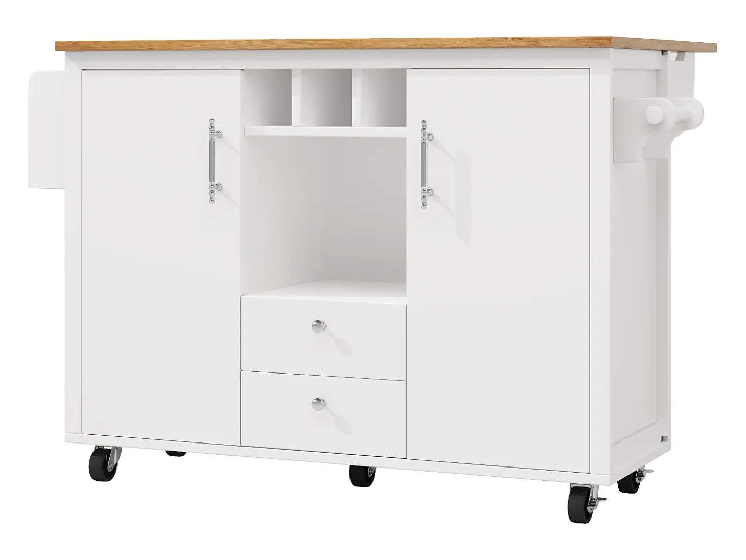 Carrito de cocina móvil con encimera plegable, espacio de almacenamiento y botellero - blanco