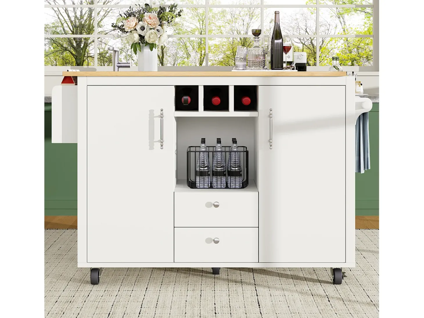 Carrito de cocina móvil con encimera plegable, espacio de almacenamiento y botellero - blanco