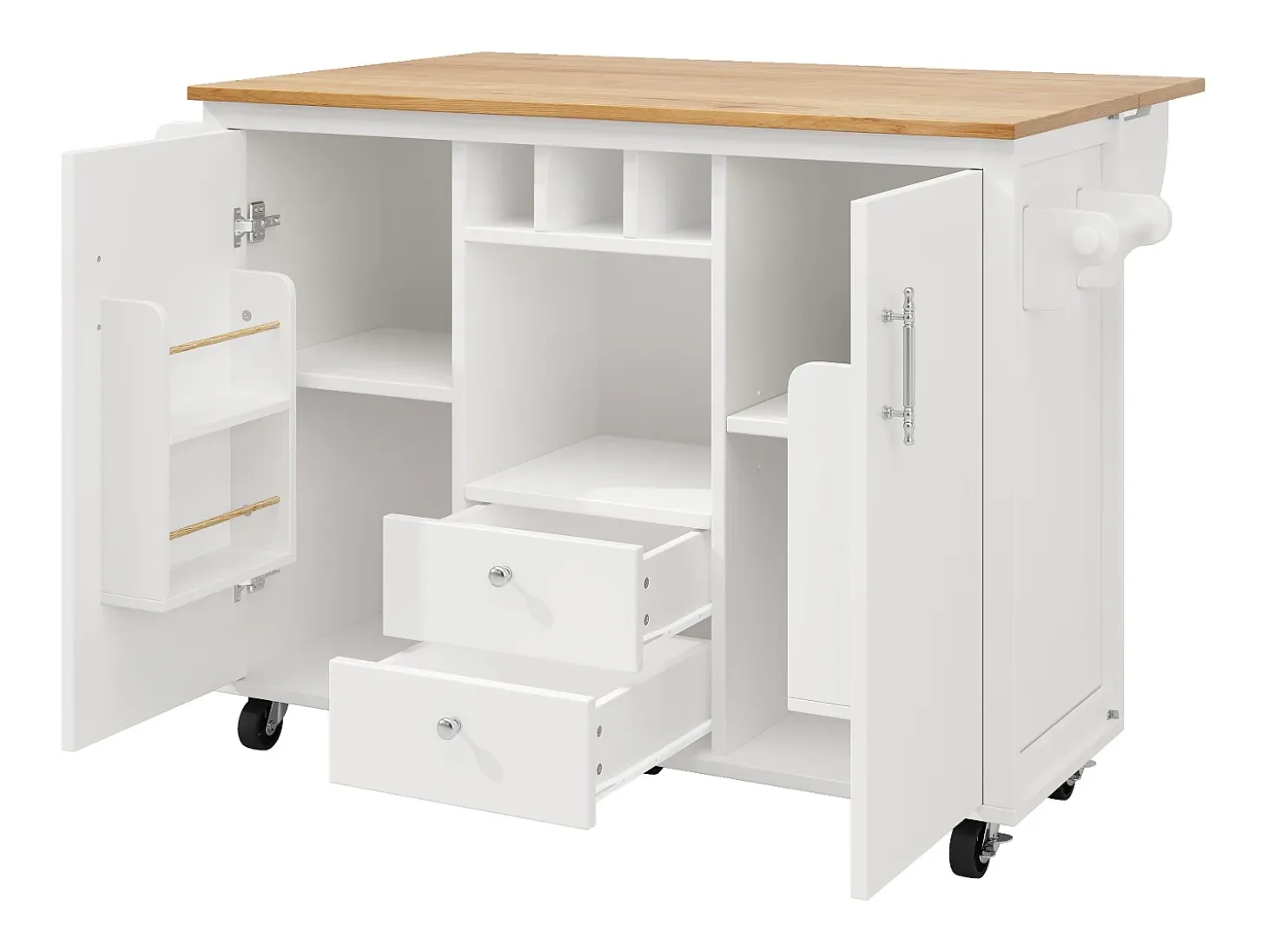 Carrito de cocina móvil con encimera plegable, espacio de almacenamiento y botellero - blanco