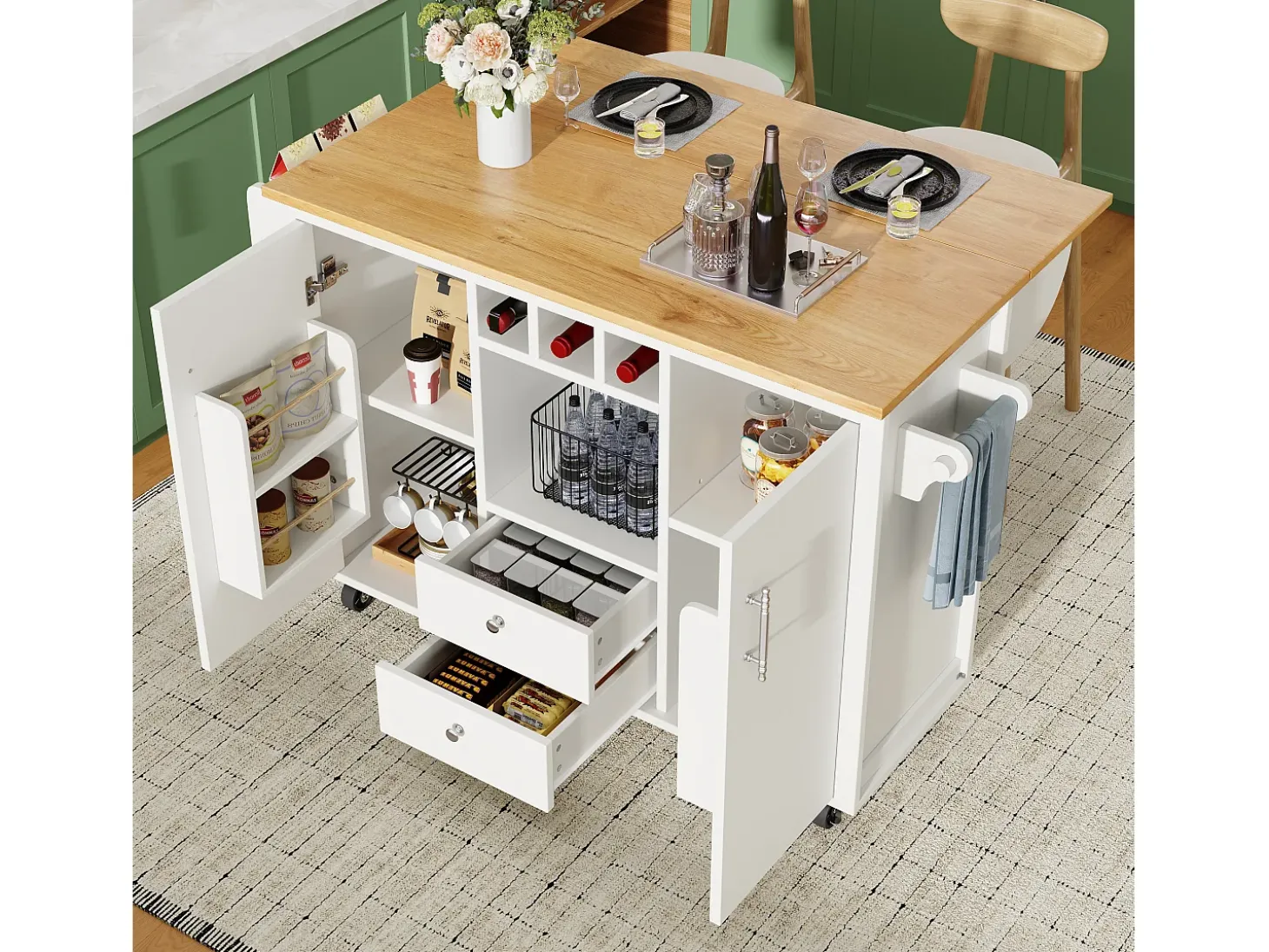 Carrito de cocina móvil con encimera plegable, espacio de almacenamiento y botellero - blanco