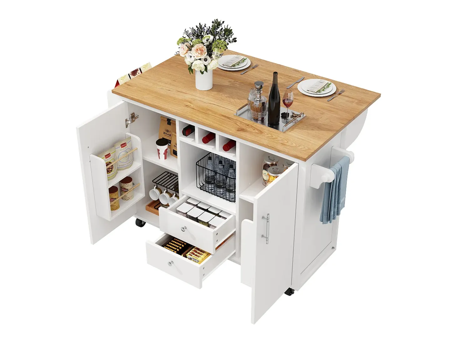 Carrito de cocina móvil con encimera plegable, espacio de almacenamiento y botellero - blanco