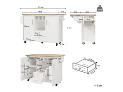 Carrito de cocina móvil con encimera plegable, espacio de almacenamiento y botellero - blanco