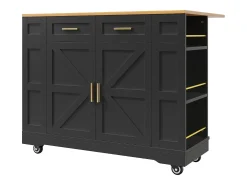 Carrito de cocina móvil con tablero extensible chapado en imitación madera, 2 cajones, 2 puertas y estantes incluidos, negro - 120x65x90cm