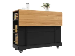 Carrito de cocina móvil con tablero extensible chapado en imitación madera, 2 cajones, 2 puertas y estantes incluidos, negro - 120x65x90cm