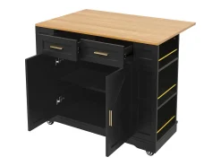 Carrito de cocina móvil con tablero extensible chapado en imitación madera, 2 cajones, 2 puertas y estantes incluidos, negro - 120x65x90cm