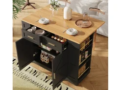 Carrito de cocina móvil con tablero extensible chapado en imitación madera, 2 cajones, 2 puertas y estantes incluidos, negro - 120x65x90cm