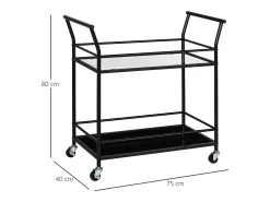 Carrito de cocina móvil de 2 niveles, estructura de metal negro, tapa de cristal templado, ruedas con freno (75x40x80cm)