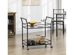Carrito de cocina móvil de 2 niveles, estructura de metal negro, tapa de cristal templado, ruedas con freno (75x40x80cm)