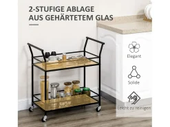 Carrito de cocina móvil de 2 niveles, estructura de metal negro, tapa de cristal templado, ruedas con freno (75x40x80cm)