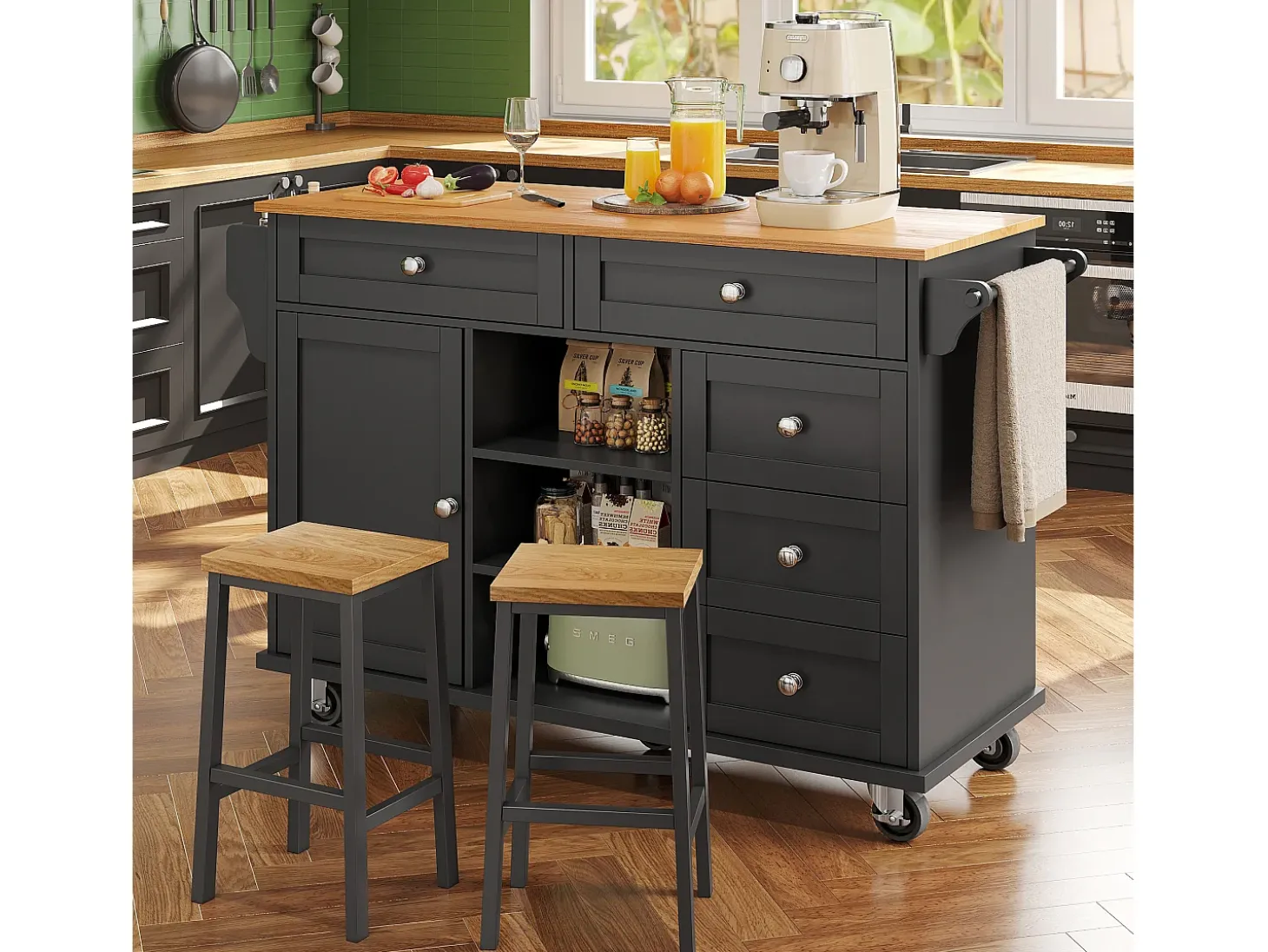 Carrito de cocina móvil de madera con 1 puerta y 5 cajones, aparador con almacenaje 134x46x92 cm - negro