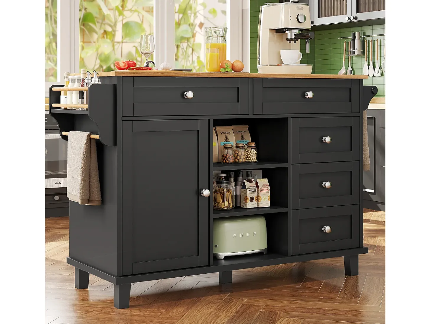 Carrito de cocina móvil de madera con 1 puerta y 5 cajones, aparador con almacenaje 134x46x92 cm - negro