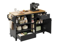 Carrito de cocina móvil moderno, negro, con cajones y armarios, superficie de madera clara (129x46x92 cm)